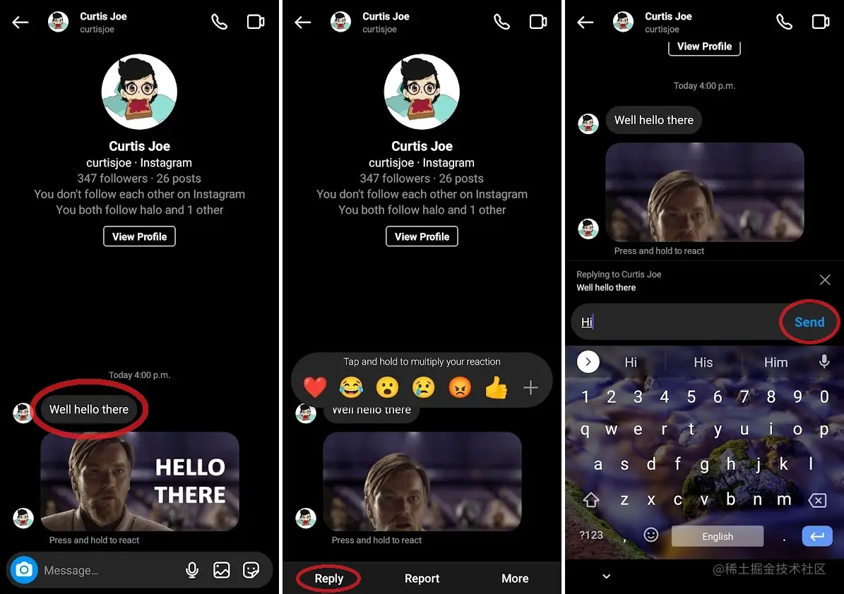 回复 instagram 移动版中的特定消息