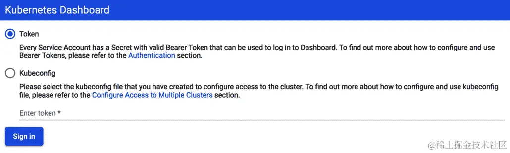 图 9.4 - Kubernetes 仪表板登录