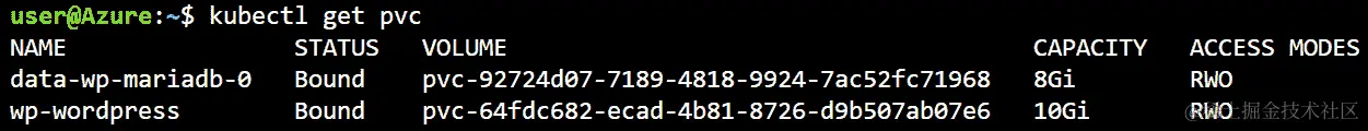 输出显示了两个 PVC。除了它们的名称，您还可以看到这些 PVC 的状态、卷、容量和访问模式。