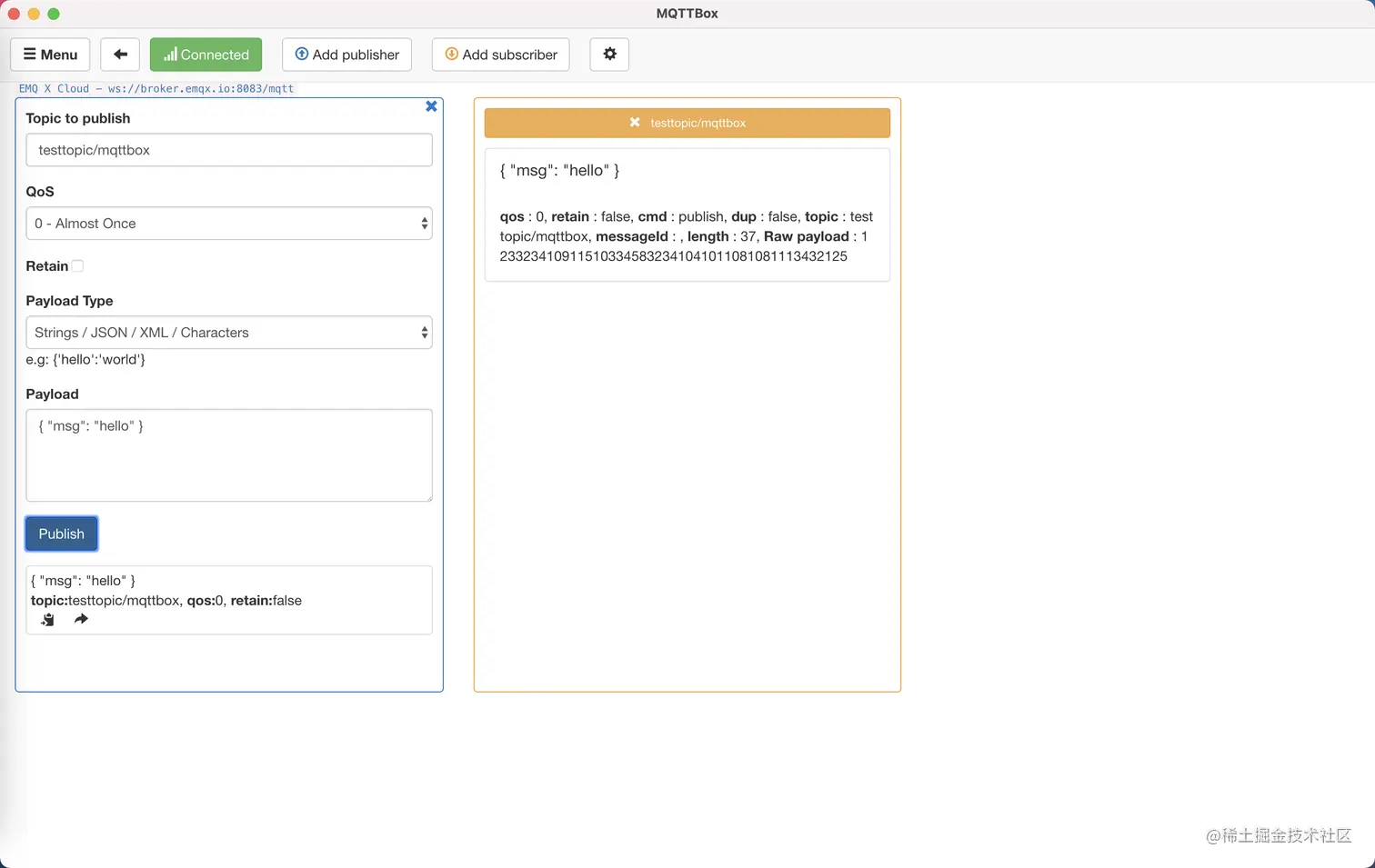 MQTTBox 消息发布