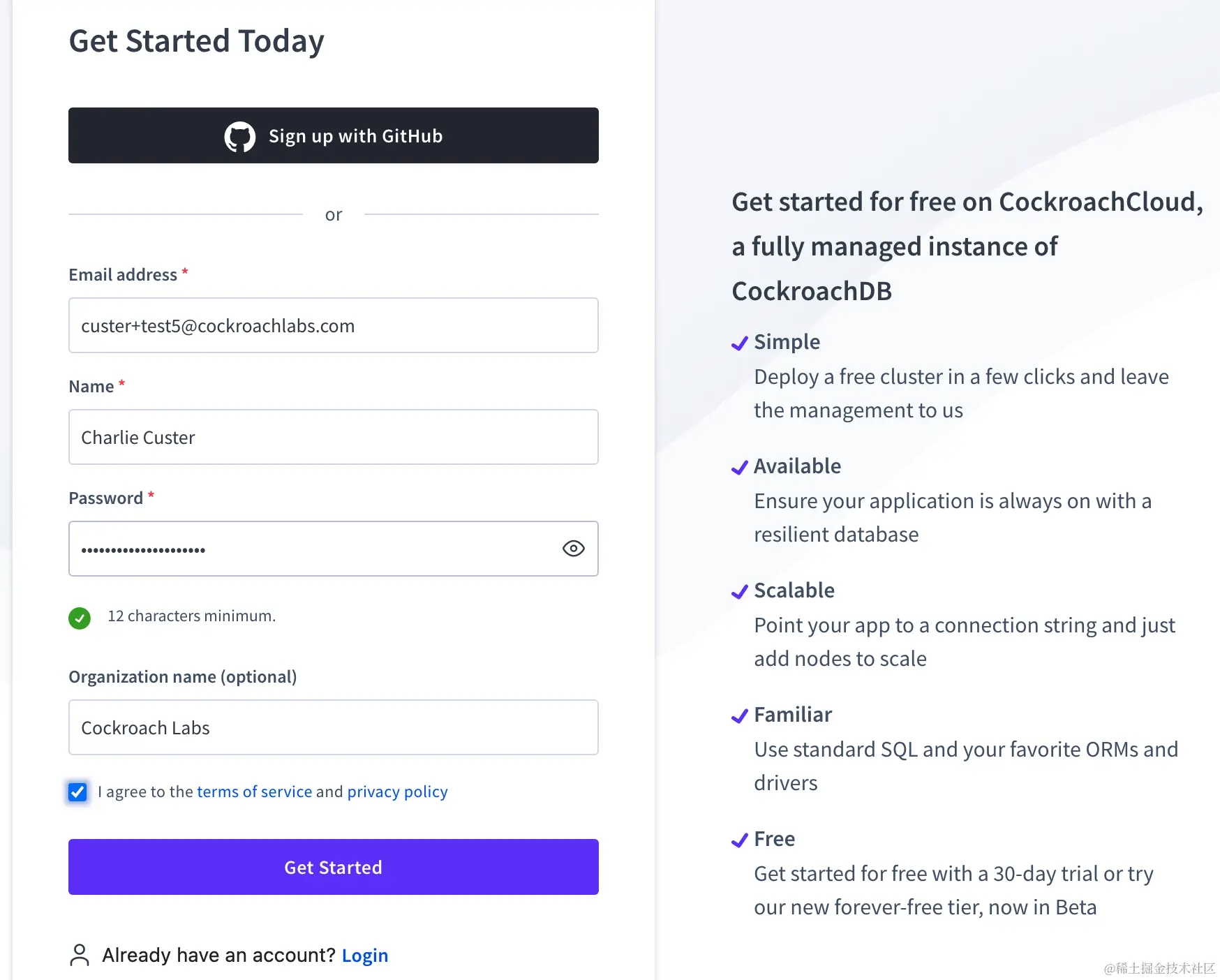 create an account with cockroachcloud