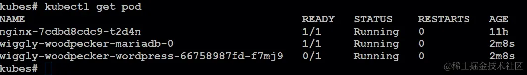 使用 kubectl get pod 命令验证 WordPress 应用程序的部署