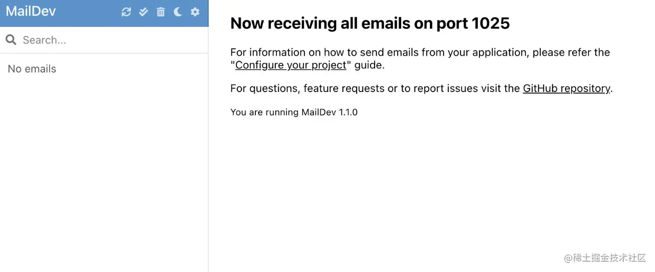 MailDev 的欢迎界面
