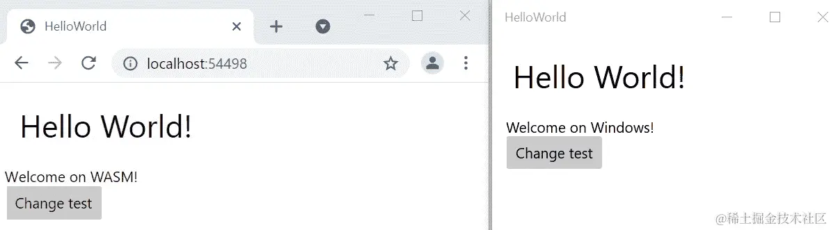 图 2.15 - 使用 WASM（左）和使用 UWP（右）运行的 HelloWorld 应用程序