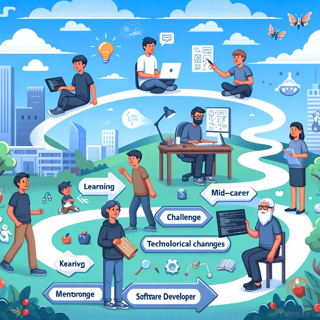 DALL·E 2024-03-25 13.36.26 - Create an illustration showing the concept of a software developer's career journey. It should depict different stages, from a young programmer enthus.webp