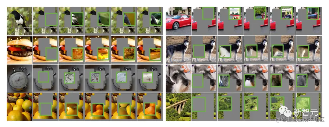 I-JEPA预测器表征的可视化：第一列包含原始图像，第二列包含上下文图像，绿色边界框包含来自预测器输出解码的生成模型的样本。预测器正确捕捉了位置的不确定性，以正确的姿态产生了高级对象的部分，丢弃精确的低级细节和背景信息
