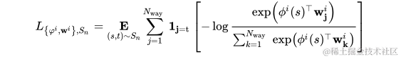 L_{\left{\varphi^{i}, \mathbf{w}^{i}\right}, S_{n}}=\underset{(s, t) \sim S_{n}}{\mathbf{E}} \sum_{j=1}^{N_{\text {way }}} \mathbf{1}{\mathbf{j}=\mathrm{t}}\left[-\log \frac{\exp \left(\phi^{i}(s)^{\top} \mathbf{w}{\mathbf{j}}^{i}\right)}{\sum_{k=1}^{N_{\text {way }}} \exp \left(\phi^{i}(s)^{\top} \mathbf{w}_{\mathbf{k}}^{i}\right)}\right] \