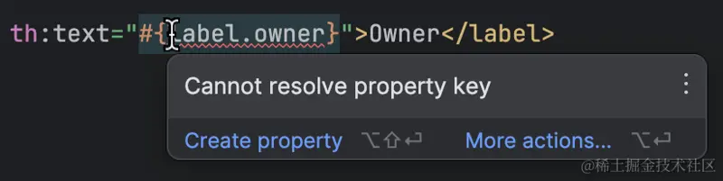 IntelliJ IDEA shows a warning in the template that references a missing property key