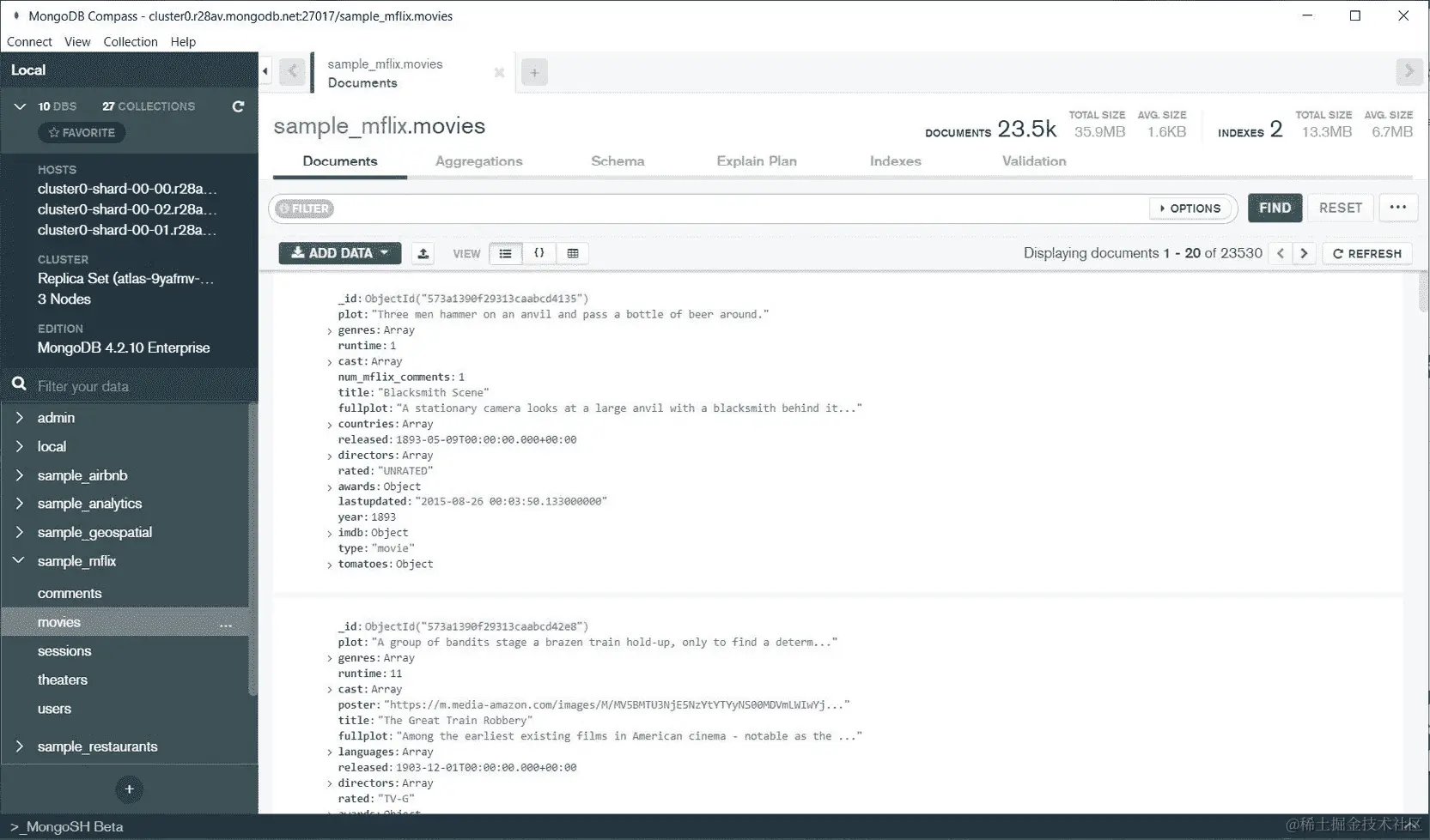 图 3.36：MongoDB Compass 连接到 Atlas 云