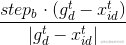 \frac{step_{b}\cdot (g_{d}^{t}-x_{id}^{t})}{\left |g_{d}^{t}-x_{id}^{t} \right | }