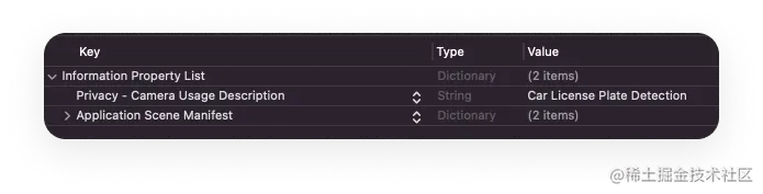 This menu reflects the fact that Privacy - Camera Usage Description has been included in info.plist