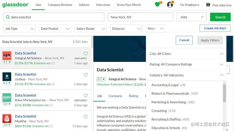 Narrowing by Industry on Glassdoor.com