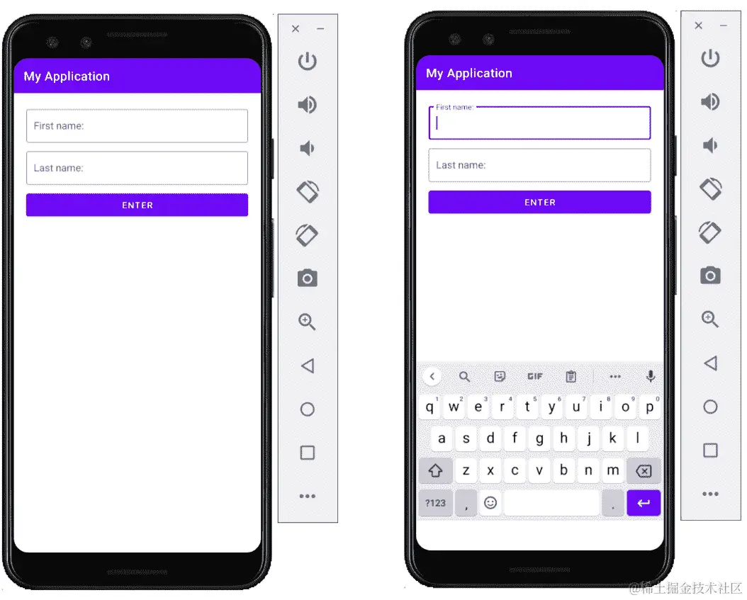 图 1.23：TextInputEditText 字段的标签状态，无焦点和有焦点