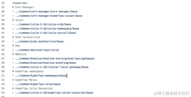 用于部署 Kuebflow 的 Kustomization 文件示例摘录