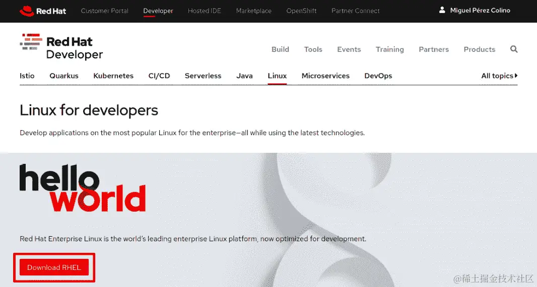图 1.4 - 在 developers.redhat.com 访问 RHEL 下载页面
