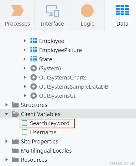 使用名称 SearchKeyword 创建的新客户端变量