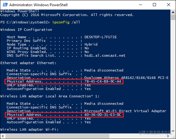 A screenshot showing a network device's address information as returned when running the ipconfig /all command.