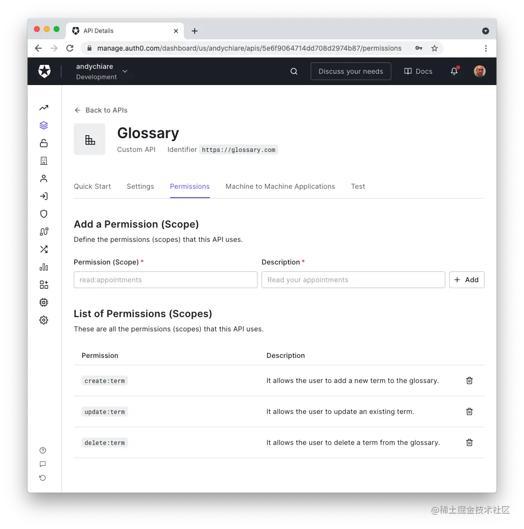 Defining permissions in the Auth0 Dashboard