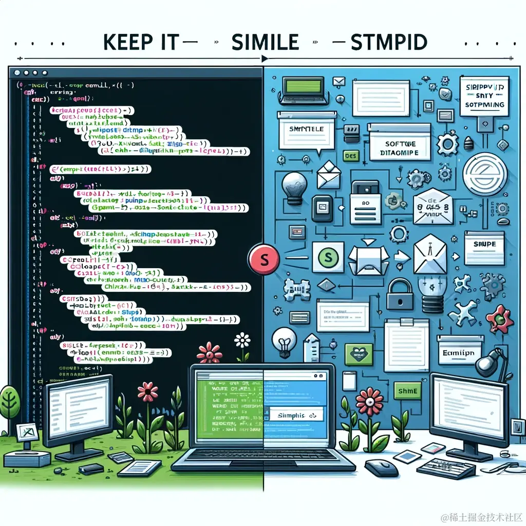 DALL·E 2024-01-23 22.24.32 - An illustration highlighting the core concept of the Keep It Simple and Stupid (KISS) principle in software design. The image should visually compare .png