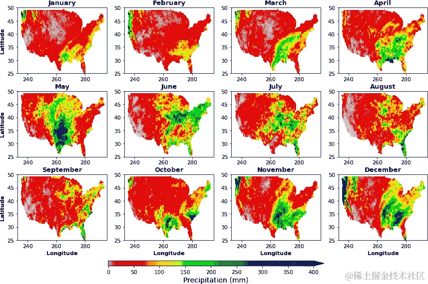 2015 年美国大陆按月年降水量，Xarray