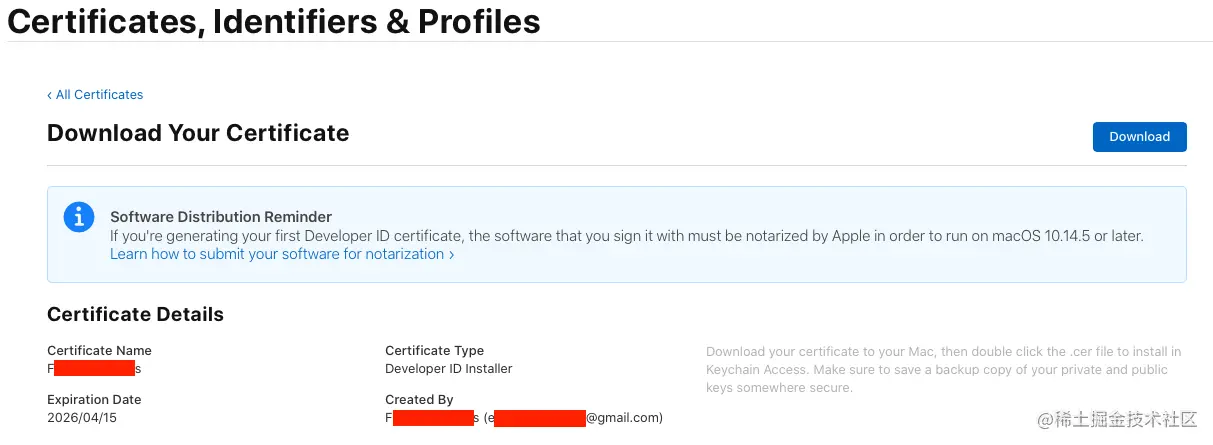 创建好“Developer ID Installer”证书