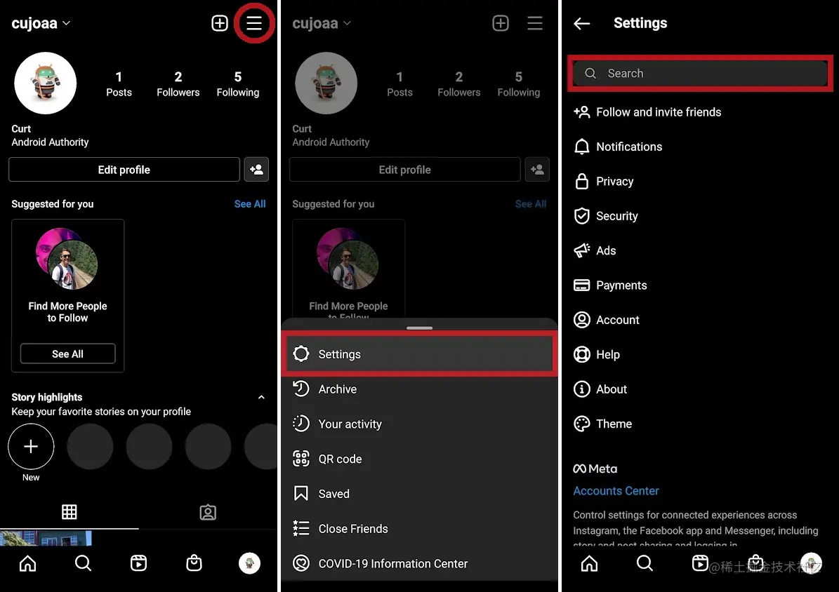 转到您的个人资料，然后在 Instagram 上打开设置