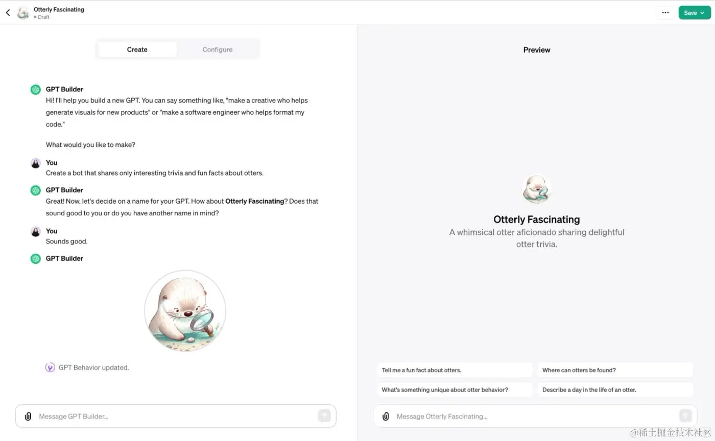 Side-by-side view of the OpenAI GPT builder and a custom ChatGPT called Otterly Fascinating. 