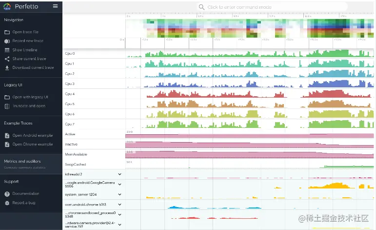 Figure 1. A sample Perfetto trace view, which shows about 20 seconds of interaction with an app