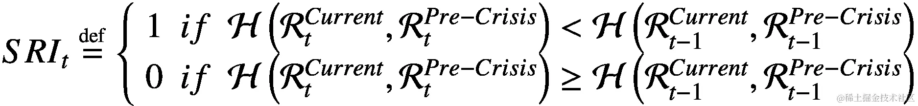 {SRI}_t\stackrel{\scriptscriptstyle\mathrm{def}}{=}\left\{\begin{array}{c}1\kern0.5em if\kern0.5em \mathcal{H}\left({\mathcal{R}}_t^{Current},{\mathcal{R}}_t^{Pre- Crisis}\right)&lt;\mathcal{H}\left({\mathcal{R}}_{t-1}^{Current},{\mathcal{R}}_{t-1}^{Pre- Crisis}\right)\\ {}0\kern0.5em if\kern0.5em \mathcal{H}\left({\mathcal{R}}_t^{Current},{\mathcal{R}}_t^{Pre- Crisis}\right)\ge \mathcal{H}\left({\mathcal{R}}_{t-1}^{Current},{\mathcal{R}}_{t-1}^{Pre- Crisis}\right)\end{array}\right.