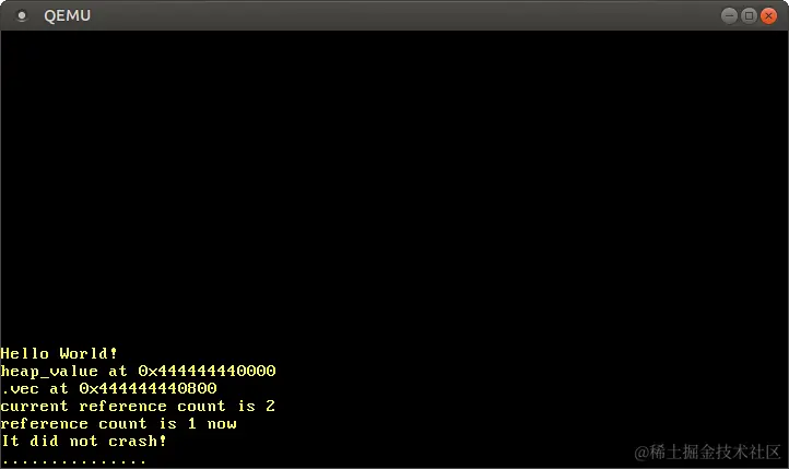 QEMU printing ` heap_value at 0x444444440000 vec at 0x4444444408000 current reference count is 2 reference count is 1 now