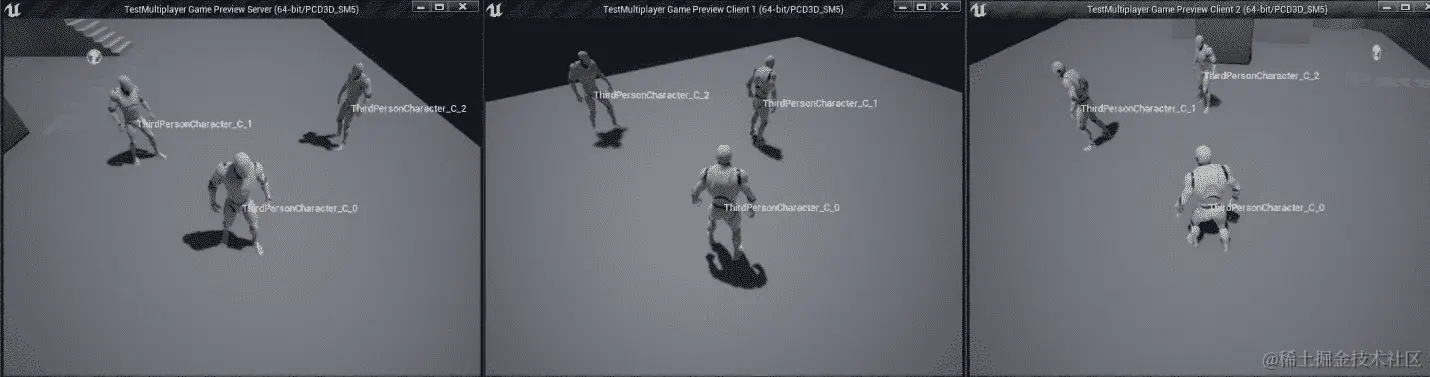 图 17.1：监听服务器和两个运行的客户端