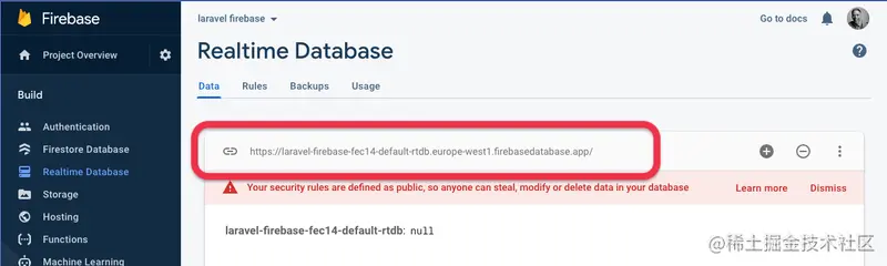 Copy the Firebase database URL