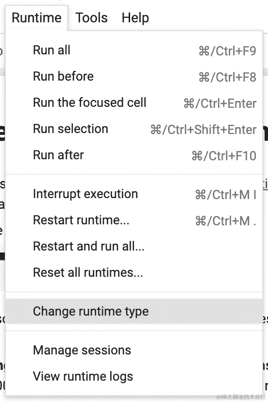 在 Colab 中更改运行时类型的选项