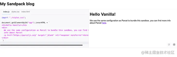 The default vanilla JS Sandpack template in the editor