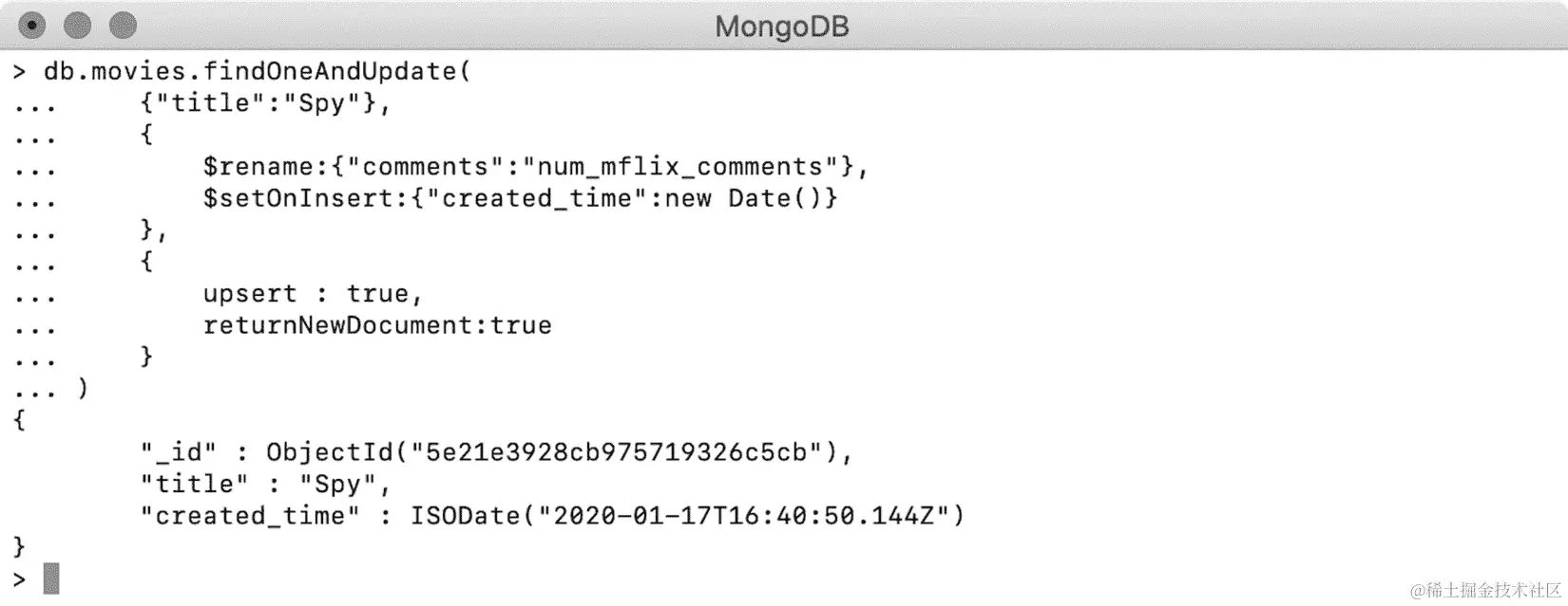 图 5.28：在新文档上使用$setOnInsert 进行 upsert