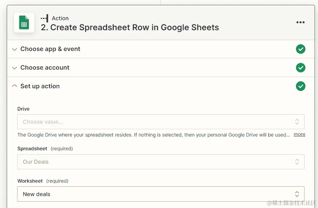 图 3.18 – 选择要在 Zapier 动作步骤中使用的 Google Sheets 电子表格和工作表