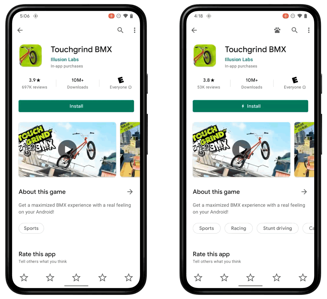 △ Touchgrind BMX 在 Android 12 上的 "边玩边下" 体验