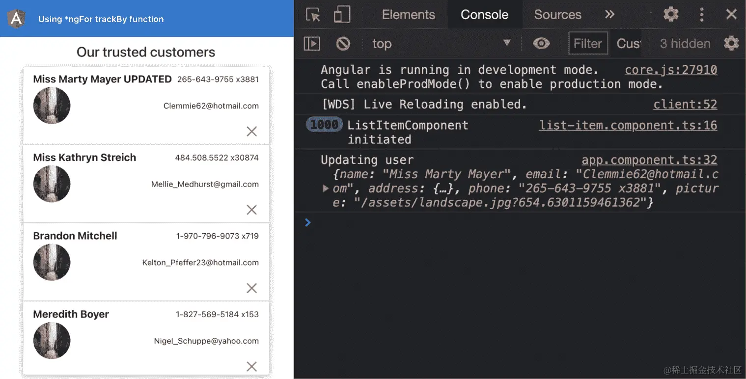 图 12.19–使用 trackBy 函数更新项目后没有更多日志