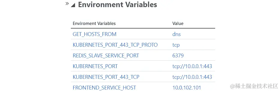 通过在日志视图的右侧单元格中向下滚动来显示为容器设置的环境变量。