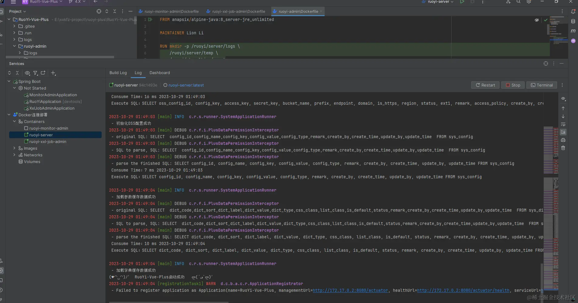 启动容器，查看日志
