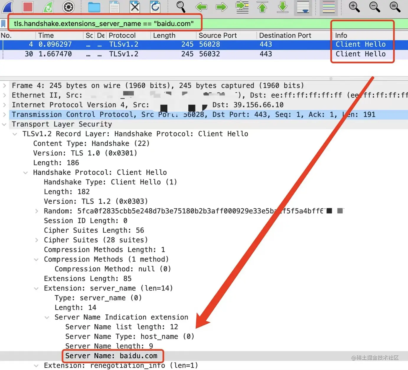 通过tls的扩展server_name可以搜索到baidu的包