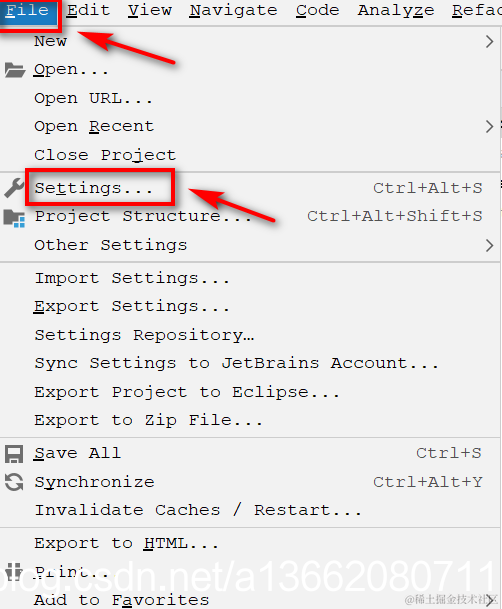 首先选择File -> settings