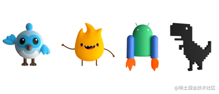 △ Flutter 的 Dash、Firebase 的 Sparky、Android Jetpack 和 Chrome 的 Dino