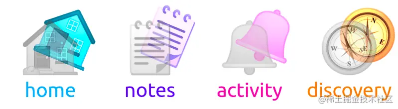 Screenshot. Same nav bar as before, only now the top icon layer is grey and semitransparent, while the bottom one is slightly offset and rotated, mono in the specified --hue.