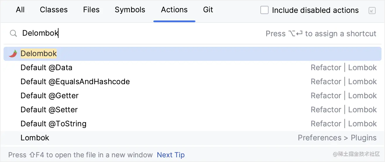 Delombok action in Find Action dialog