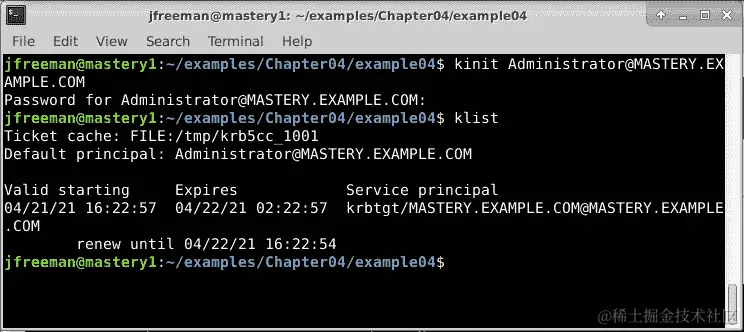 图 4.7 – 在 Ubuntu Ansible 控制主机和 Windows 域控制器之间测试 Kerberos 集成