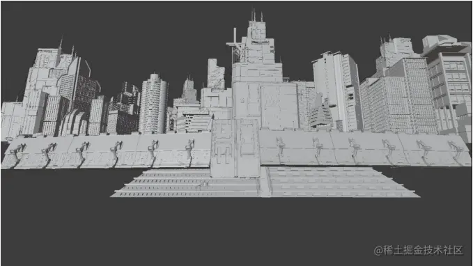 将最显眼的建筑放在画面中间，其他建筑散落在附近