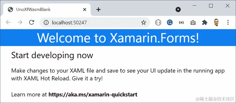 图 8.1 - 通过 WebAssembly 运行的默认（空白）Xamarin.Forms 应用程序