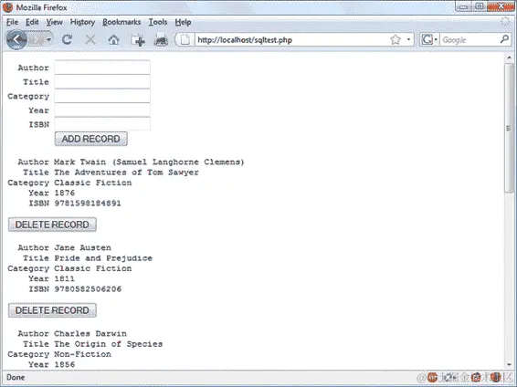 来自示例 10-8, sqltest.php 的输出