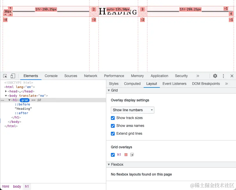Chrome 中的开发者工具，显示了网格叠加层。